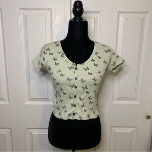 Y2K Urban Nation Light Green Butterfly Button Crop Top